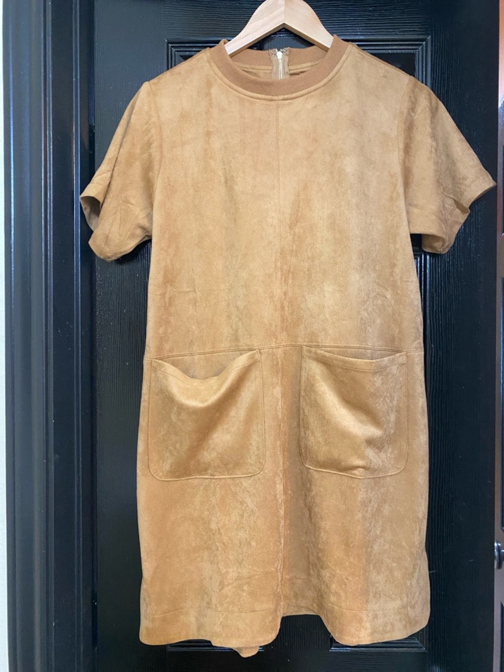 Suede Pocket Mini Dress in Tan